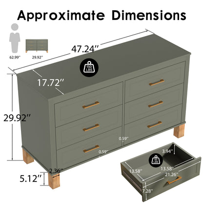 6-Drawer Double Dresser Olive by HouseOfZazla; olive finish, brass pulls, wooden legs on Tampa Home & Garden Store
