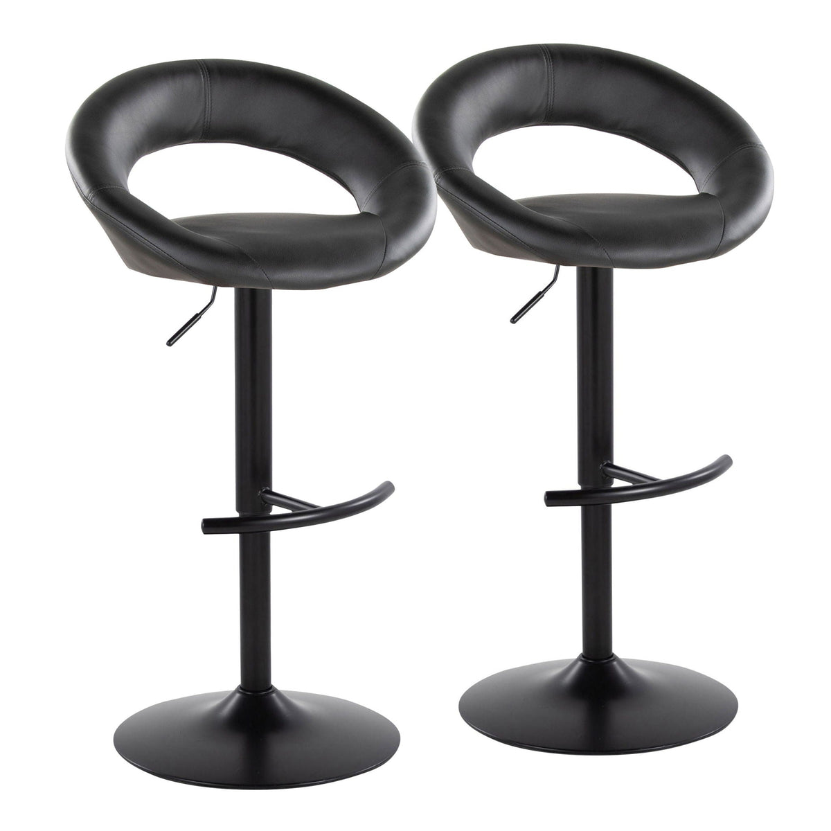 Pair of black faux leather adjustable barstools with swivel seats and rounded T footrests on Tampa Home & Garden Store