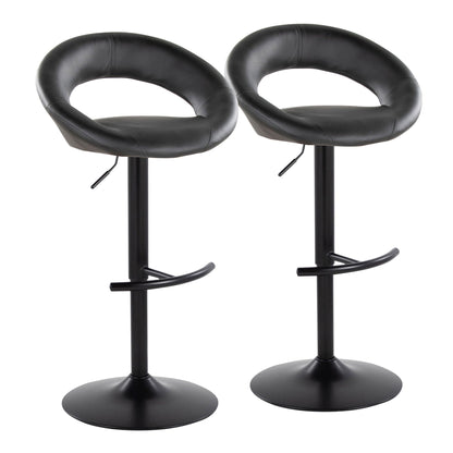 Pair of black faux leather adjustable barstools with swivel seats and rounded T footrests on Tampa Home & Garden Store