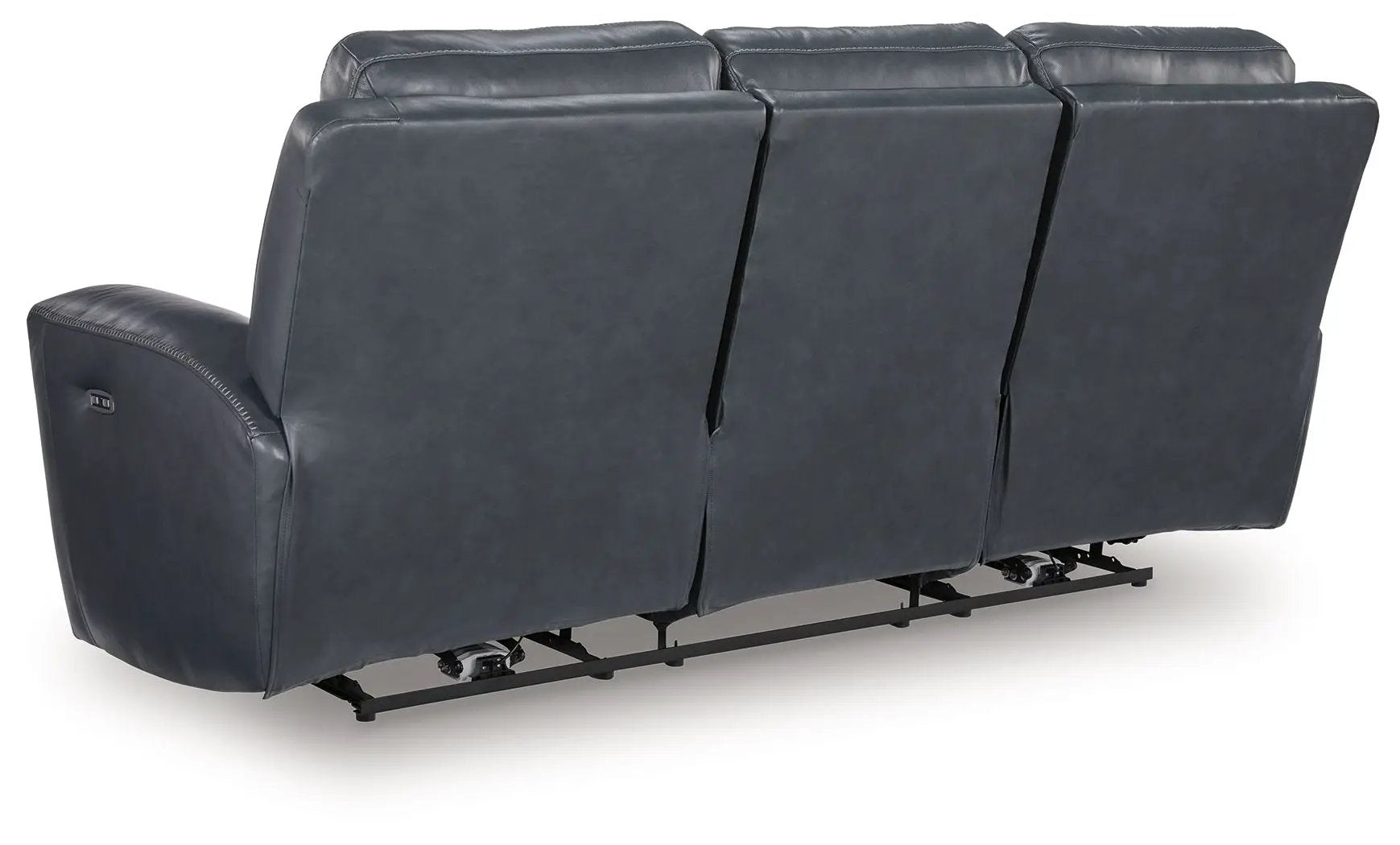 Bexhurst power reclining sofa with adjustable headrest in dark gray leather, three-seat setup on Tampa Home & Garden Store