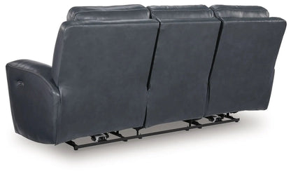 Bexhurst power reclining sofa with adjustable headrest in dark gray leather, three-seat setup on Tampa Home & Garden Store