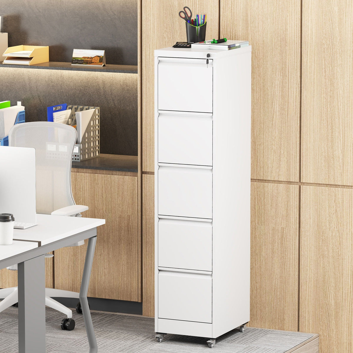 HouseOfZazla metal vertical filing cabinet with locking drawers and wheels white finish on Tampa Home & Garden Store
