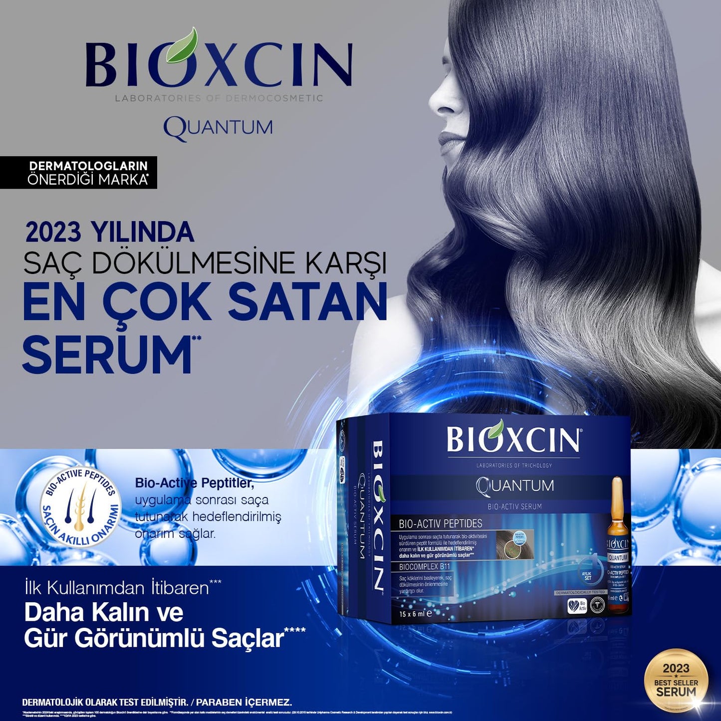 Bioxcin Quantum Hair Serum box with blue packaging and glossy long black hair on Tampa Home & Garden Store