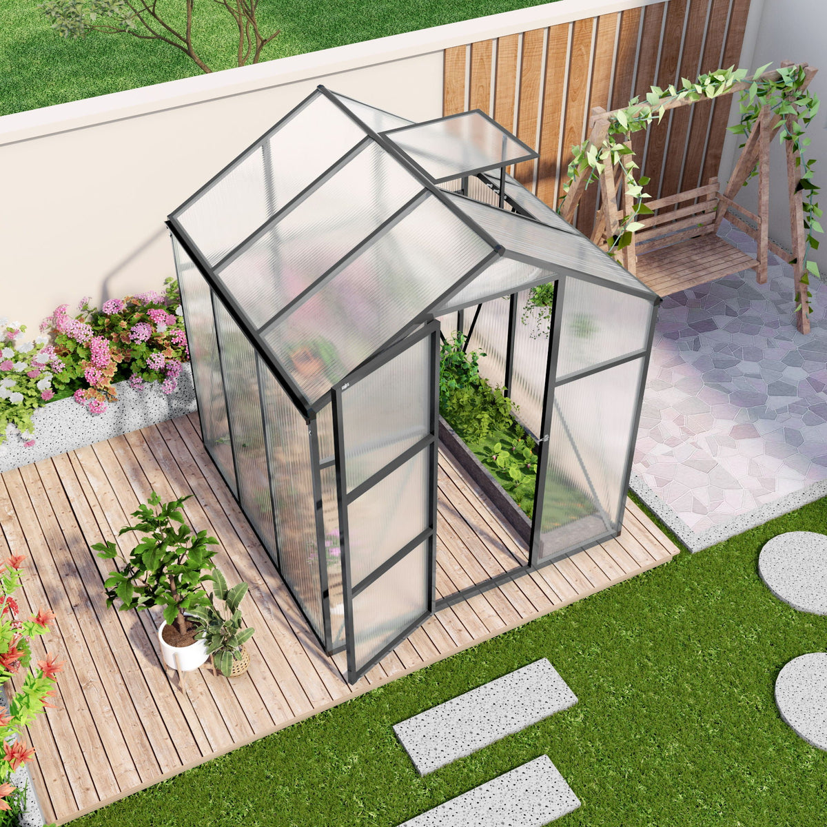 Windproof greenhouse with raised base, polycarbonate panels, black frame on a wooden deck with potted plants on Tampa Home & Garden Store