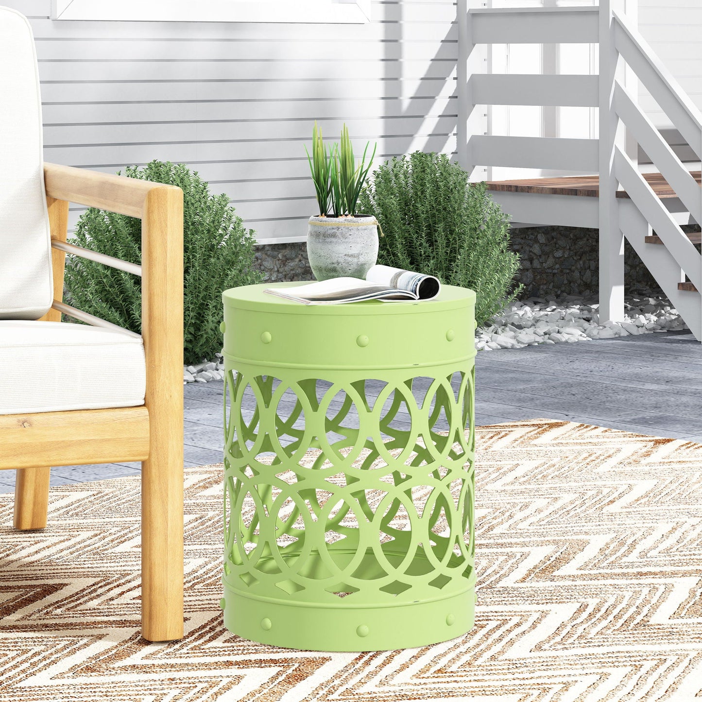 Large Outdoor Metal End Table with Floral Cut