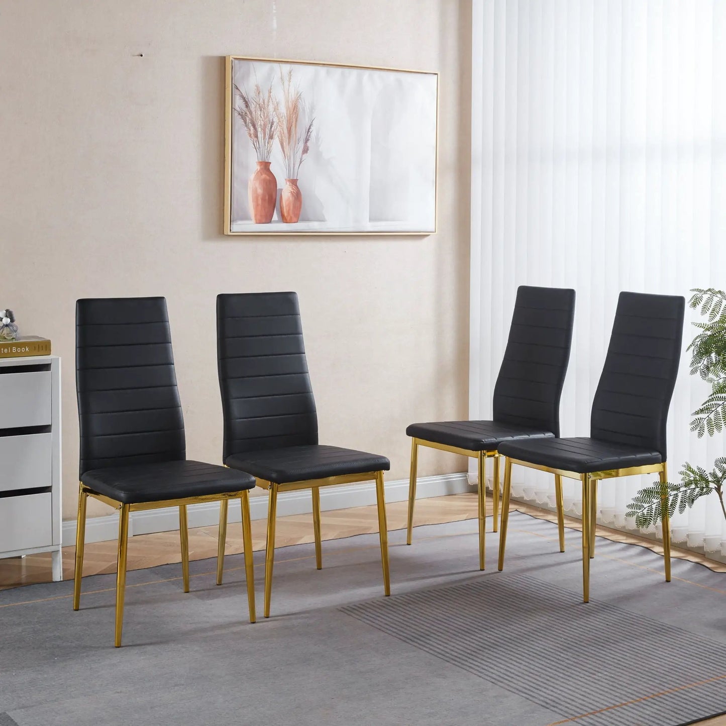 Elegant Legs Dining Chair set of 4 with black faux leather upholstery and gold metal legs on Tampa Home & Garden Store