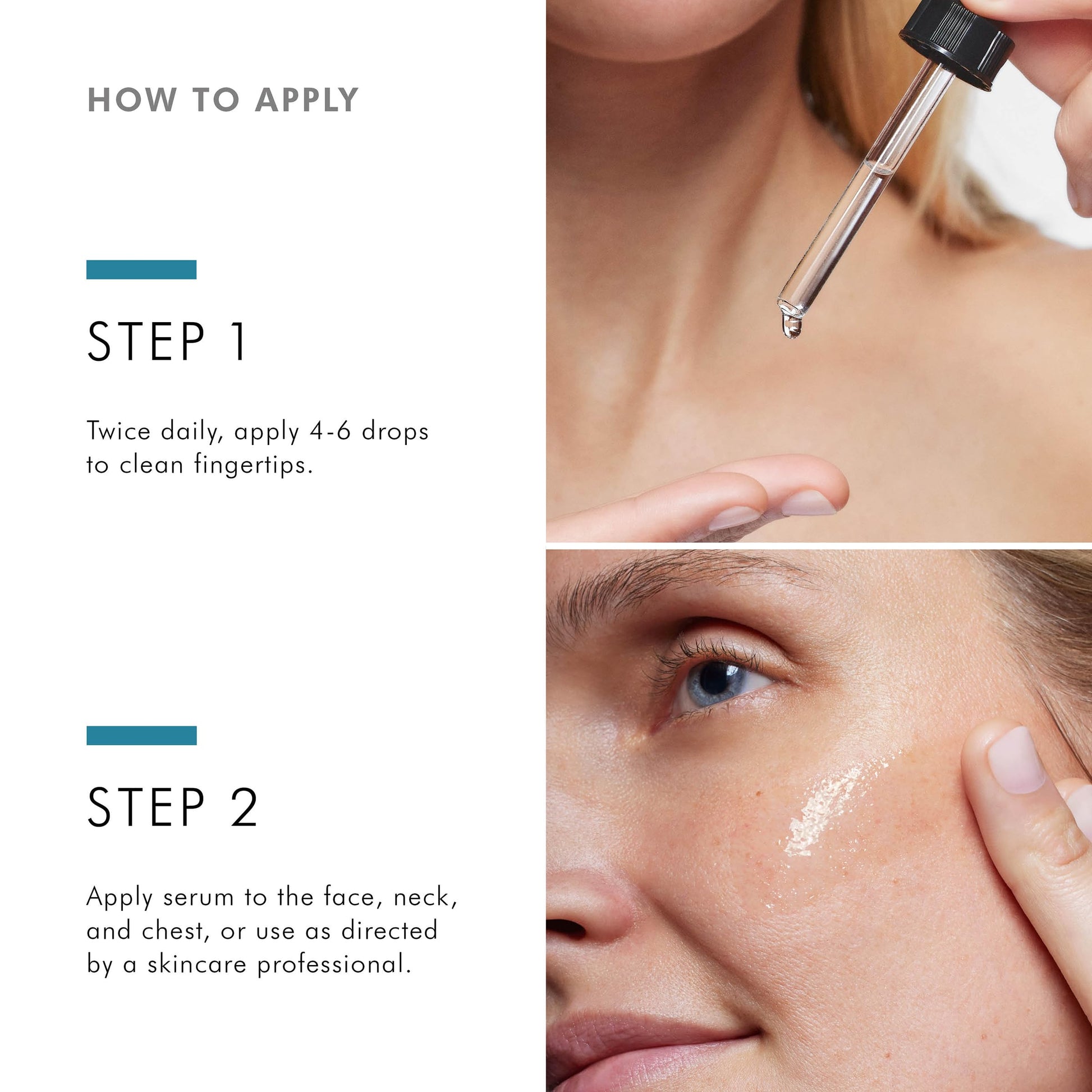 Skinceuticals Retexturing Activator serum dropper applying to cheek, Step 1, Beauty Care Bag on Tampa Home & Garden Store