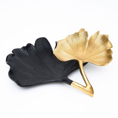 Black and Gold Ginkgo Leaf Two Tier Tray