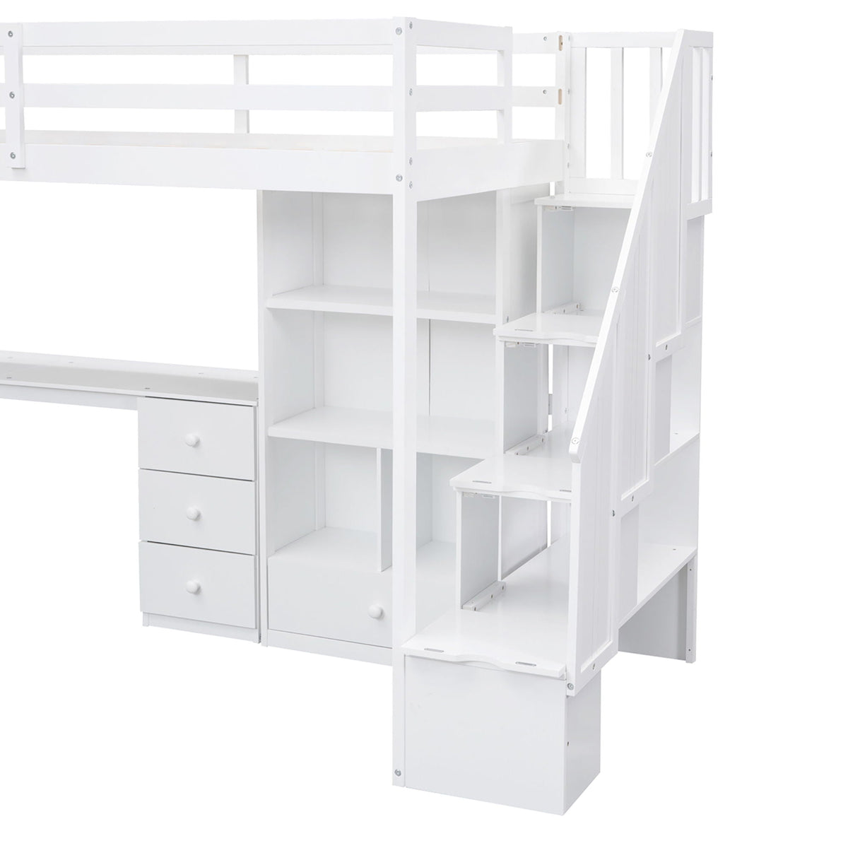 Loft bed with L-shaped desk, drawers, cabinet and storage staircase in white by HouseOfZazla on Tampa Home & Garden Store
