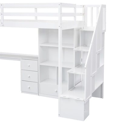 Loft bed with L-shaped desk, drawers, cabinet and storage staircase in white by HouseOfZazla on Tampa Home & Garden Store