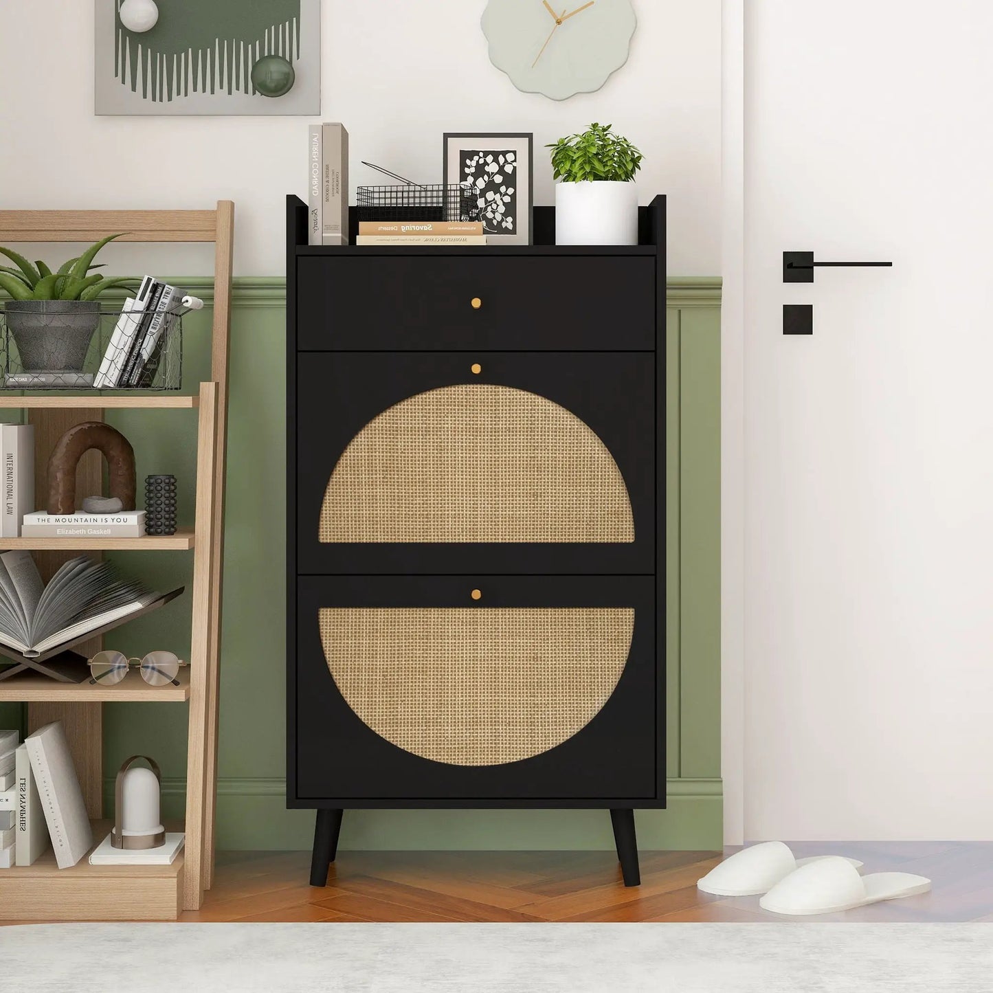 Allen Rattan 2-Door 1-Drawer shoe cabinet black with woven front Unique Piece Furniture on Tampa Home & Garden Store