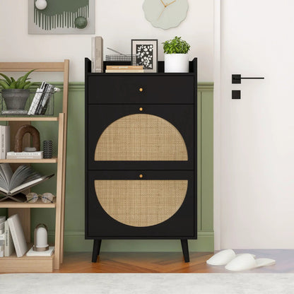 Allen Rattan 2-Door 1-Drawer shoe cabinet black with woven front Unique Piece Furniture on Tampa Home & Garden Store