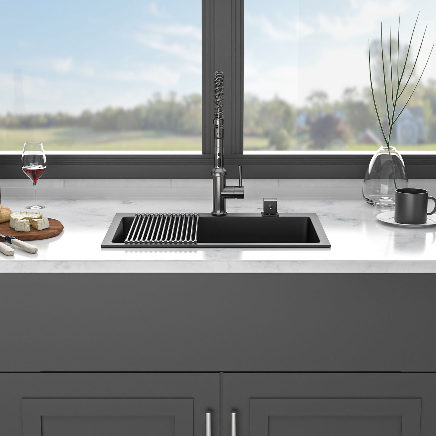 Black Quartz Composite Drop In Kitchen Sink