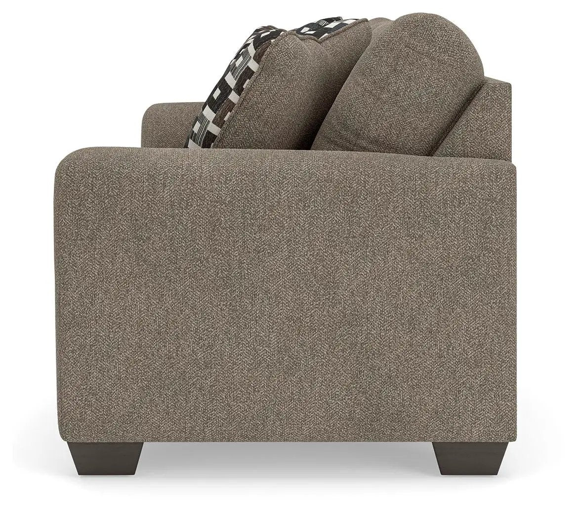 Triston-Peaks suede sofa, stationary brown textured upholstery with two back cushions, legs on Tampa Home & Garden Store