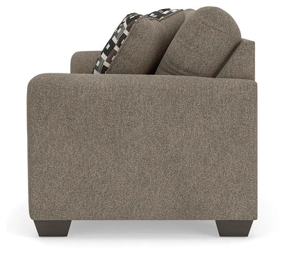 Triston-Peaks suede sofa, stationary brown textured upholstery with two back cushions, legs on Tampa Home & Garden Store