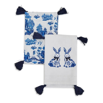 Chinoiserie Bunny Dish Towels Embroidered