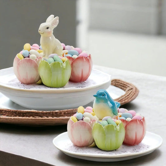 Tidbit Dish Pastel Gia Roma with three pastel tulip bowls and a white rabbit figurine on Tampa Home & Garden Store