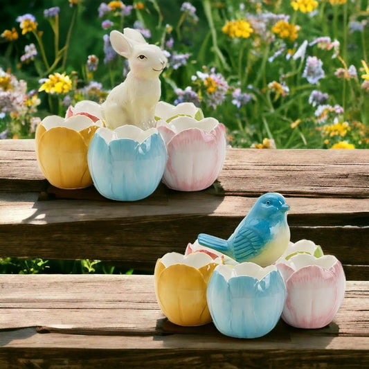 Tidbit Dish Pastel tulip dishes in yellow blue pink with a bunny accent Gia Roma decor on Tampa Home & Garden Store