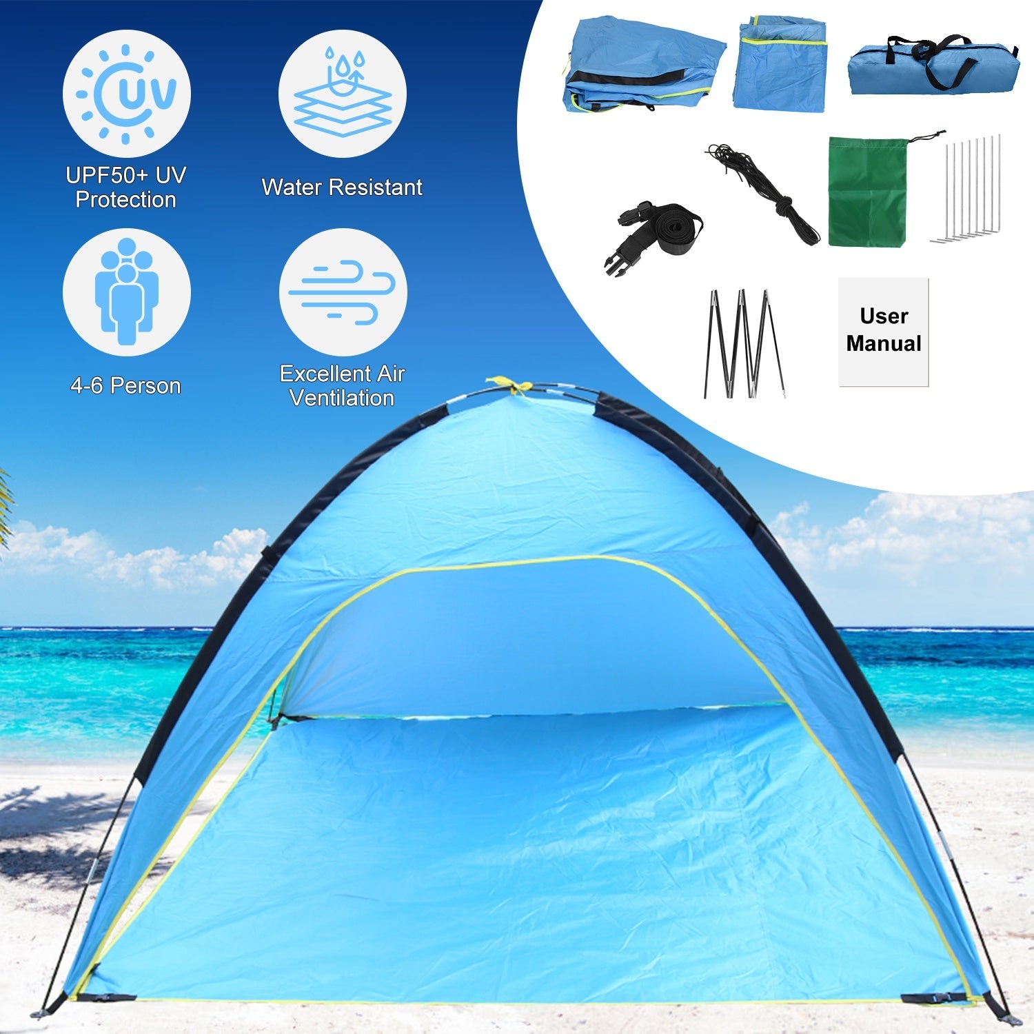 GemGear beach tent for 4-6 people, waterproof blue canopy with yellow trim on sand on Tampa Home & Garden Store