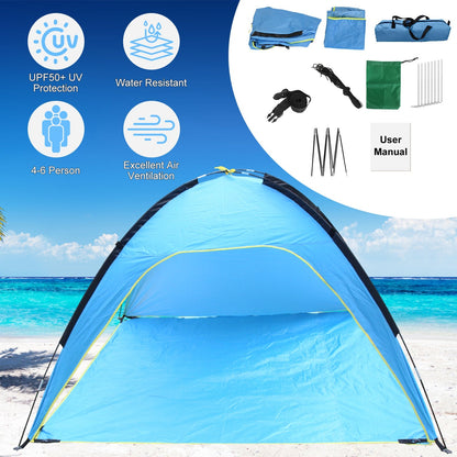 GemGear beach tent for 4-6 people, waterproof blue canopy with yellow trim on sand on Tampa Home & Garden Store