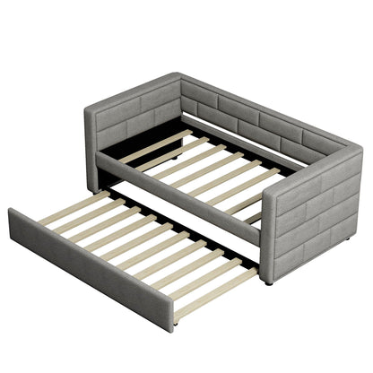 Upholstered twin daybed with trundle in gray fabric, padded back & sides by HouseOfZazla on Tampa Home & Garden Store