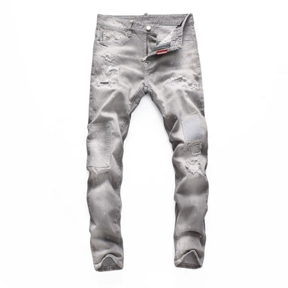 Grey distressed men's jeans with rips and paint splatters FLIPSTYLEZLLC Hong Kong Feng Shui wash on Tampa Home & Garden Store