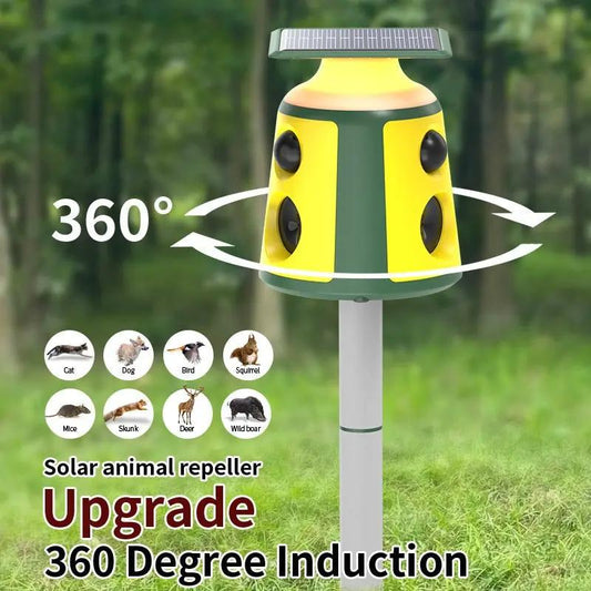 Solar powered ultrasonic pest repeller yellow and green solar-top rotary unit 360° rotation on Tampa Home & Garden Store