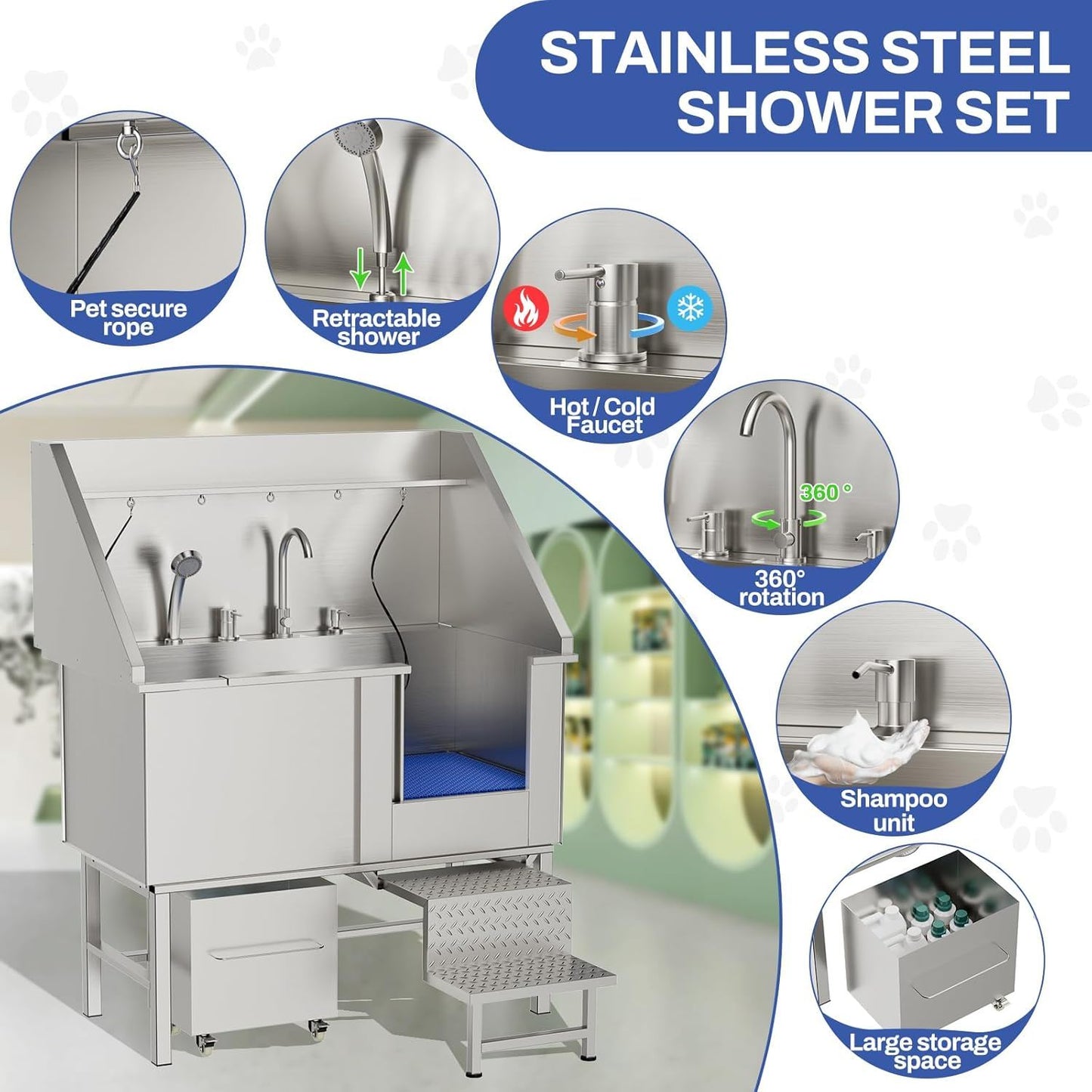 Stainless steel dog washing station with integrated shower, hot/cold faucet and storage on Tampa Home & Garden Store
