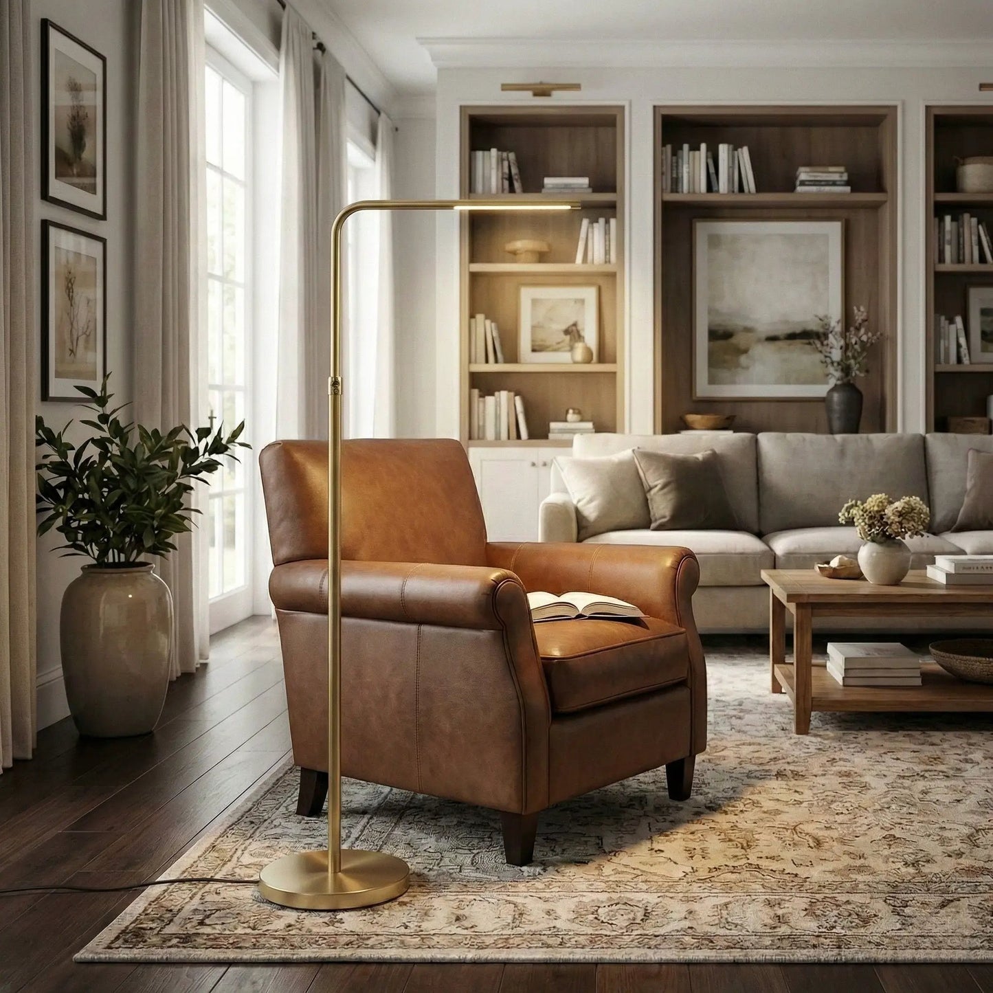 Verve floor lamp by Unique Piece Furniture, gold finish with adjustable LED and on/off switch on Tampa Home & Garden Store