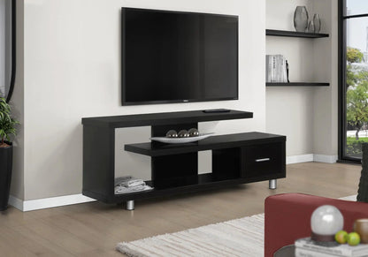 Black contemporary TV stand console with open shelf and drawer, modern entertainment center on Tampa Home & Garden Store