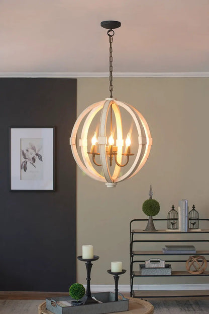 Chandelier hanging light fixture with adjustable chain wood orb candle bulbs on Tampa Home & Garden Store