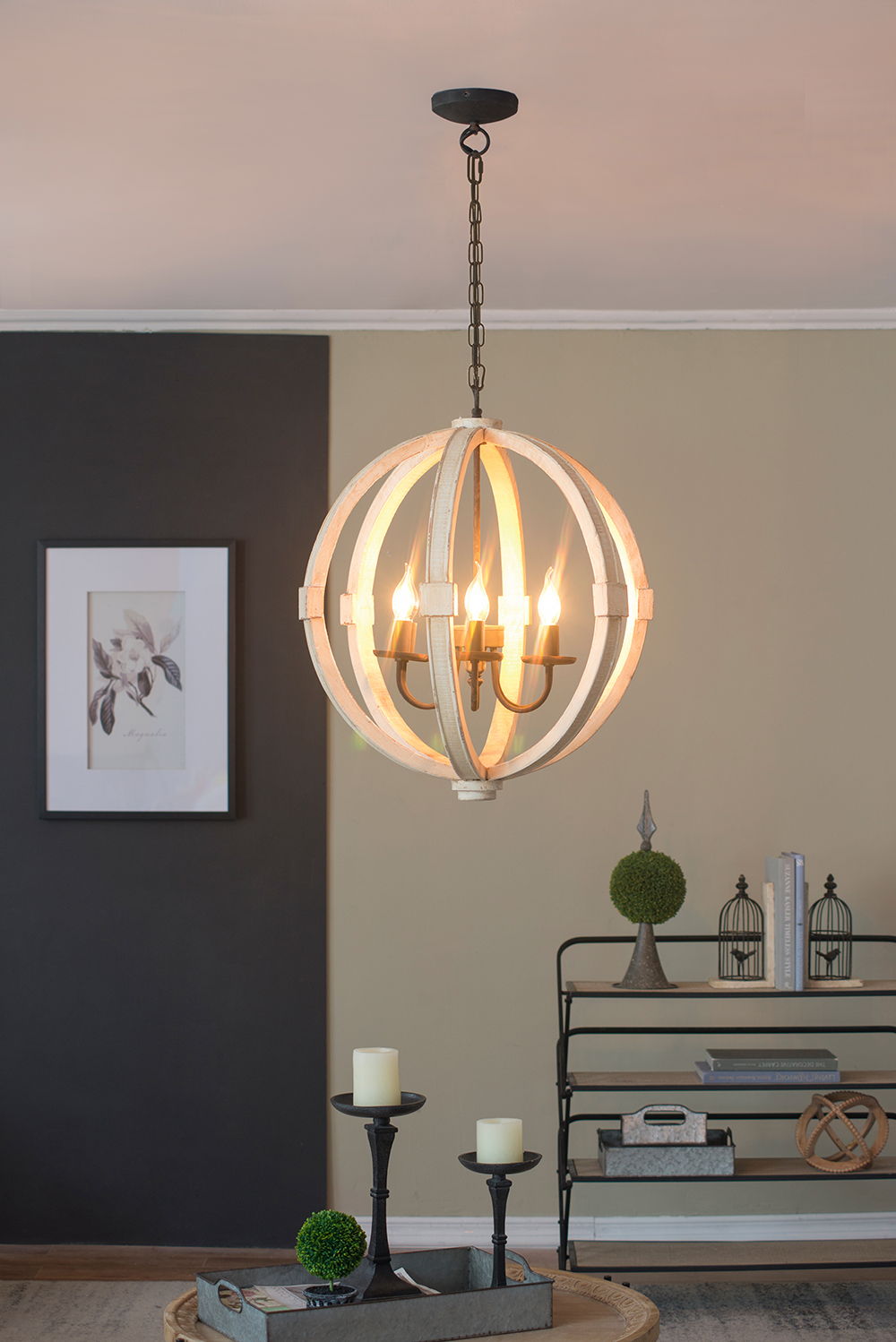 Chandelier hanging light with spherical creamwashed wooden rings, adjustable chain, candle bulbs on Tampa Home & Garden Store