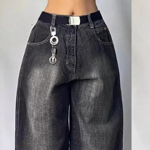 High Waist Retro Distressed Black Wide-leg Jeans FLIPSTYLEZLLC with belt and keychain on Tampa Home & Garden Store