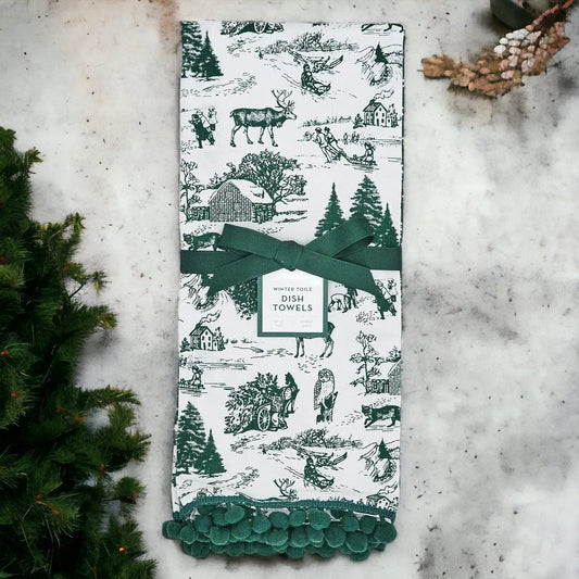 Forest Green Gia Roma dish towels in winter toile pattern with green ribbon and fringe on Tampa Home & Garden Store