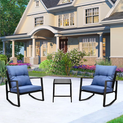 2 blue-cushion rocking chairs with a glass-top table on a modern outdoor patio on Tampa Home & Garden Store