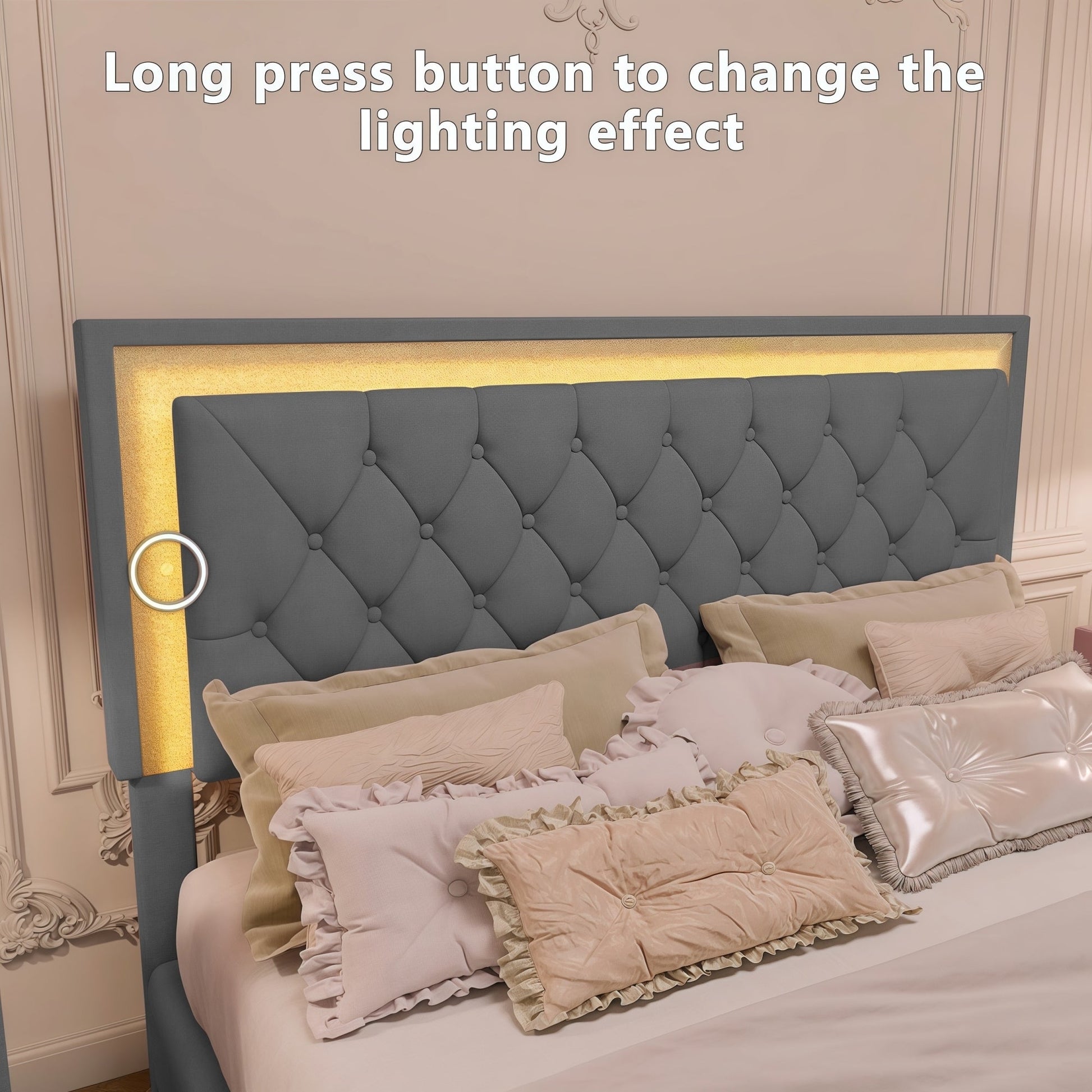 Gray upholstered queen platform bed with tufted headboard and LED lighting on Tampa Home & Garden Store