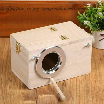 Wooden birdhouse with silver metal ring entrance and front perch by Sell My Stuff on Tampa Home & Garden Store
