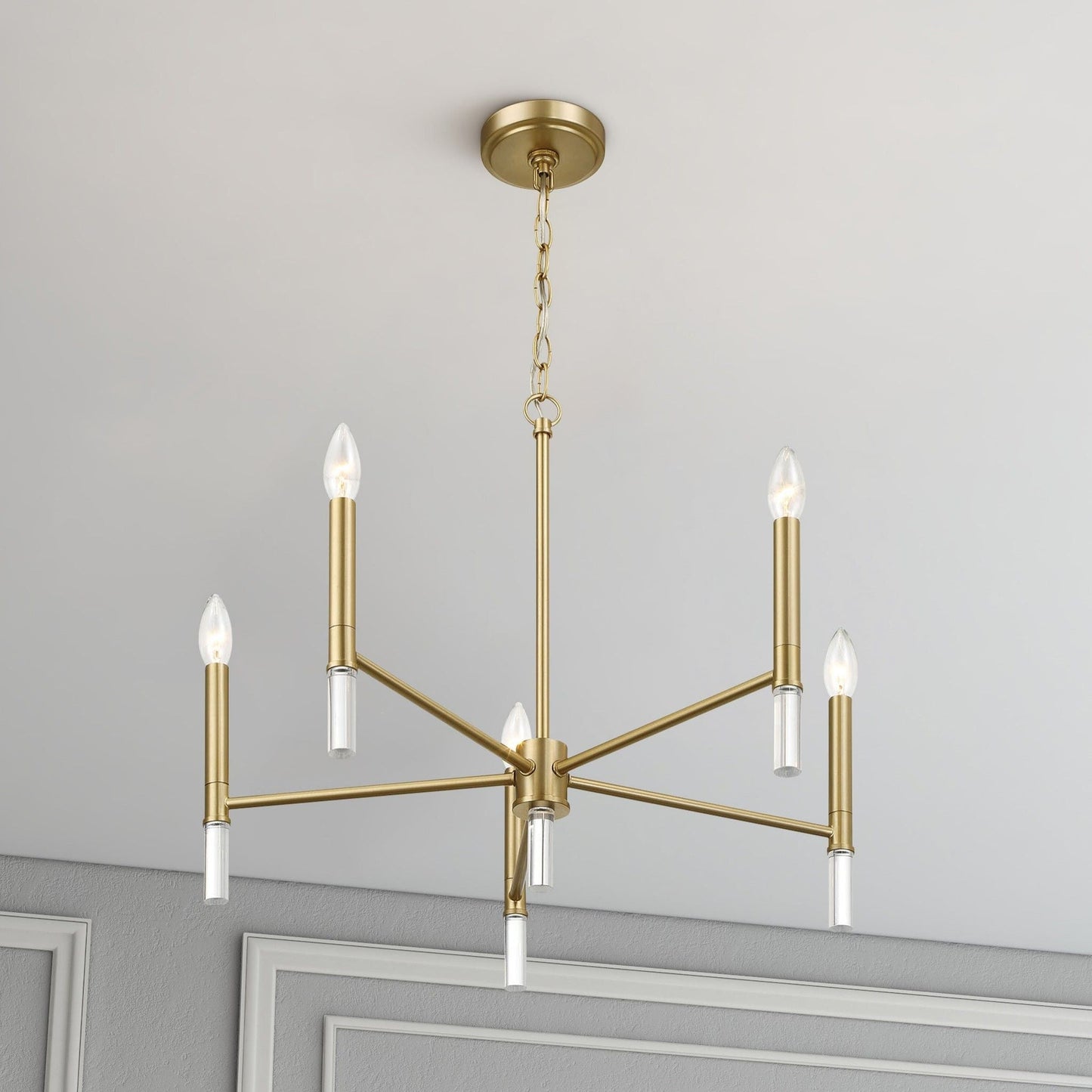 Courtyard 5-light candle chandelier brass with clear glass sleeves, hanging chain on Tampa Home & Garden Store