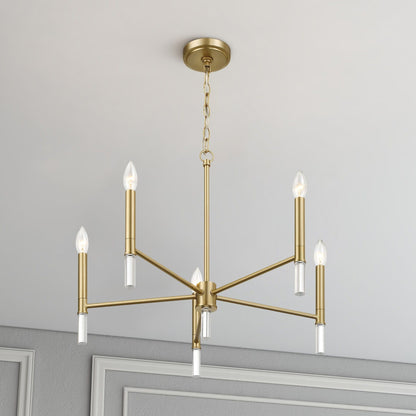 Courtyard 5-light candle chandelier brass with clear glass sleeves, hanging chain on Tampa Home & Garden Store