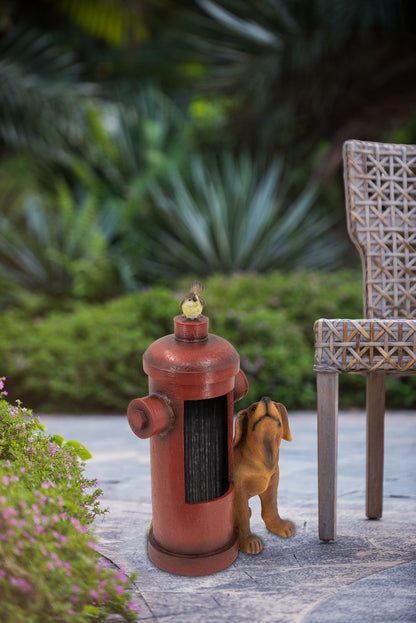Red hydrant water fountain with a small dog and perched bird HouseOfZazla on Tampa Home & Garden Store