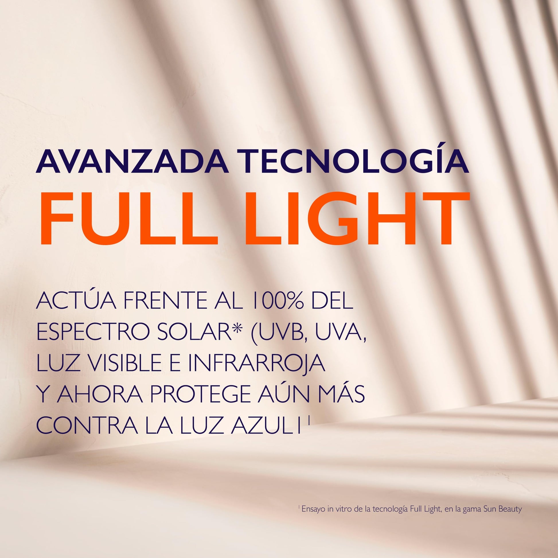 Sunscreen ad banner with orange FULL LIGHT and blue AVANZADA TECNOLOGÍA on beige waves on Tampa Home & Garden Store