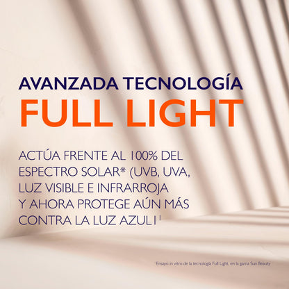 Sunscreen ad banner with orange FULL LIGHT and blue AVANZADA TECNOLOGÍA on beige waves on Tampa Home & Garden Store