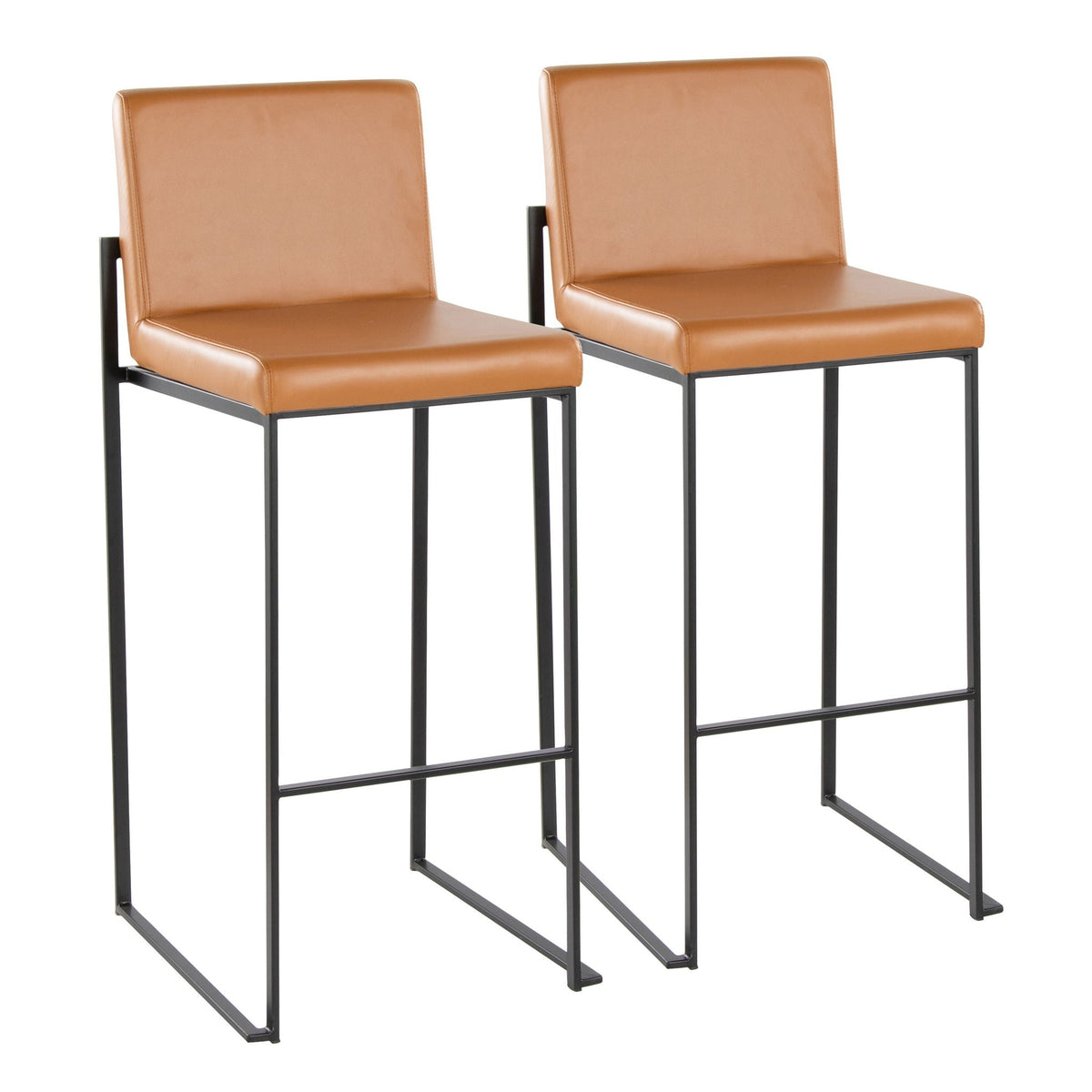Pair of high-back contemporary barstools in tan leather with black metal frames on Tampa Home & Garden Store