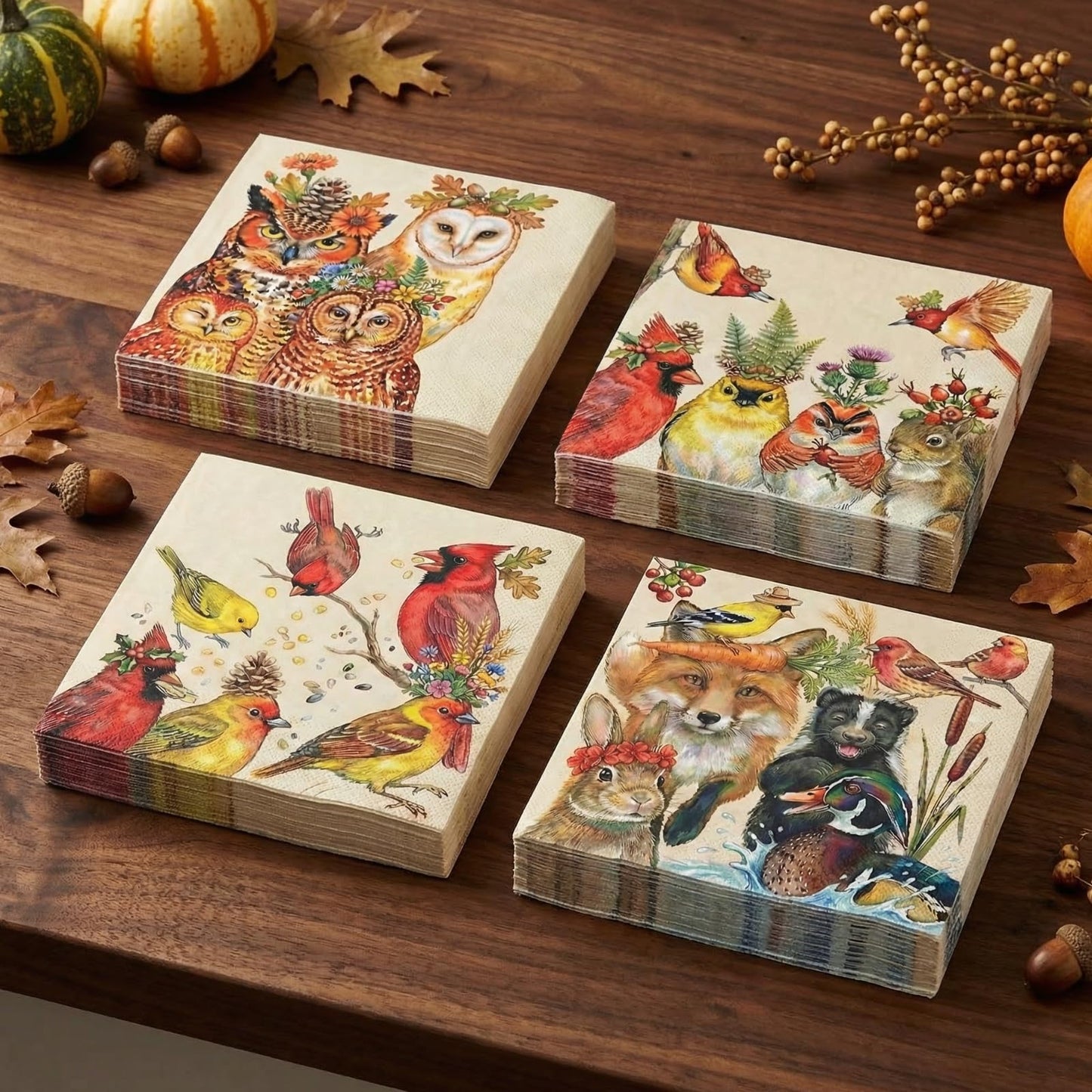 Woodland Owl Napkins and Beige Fall Party Decor
