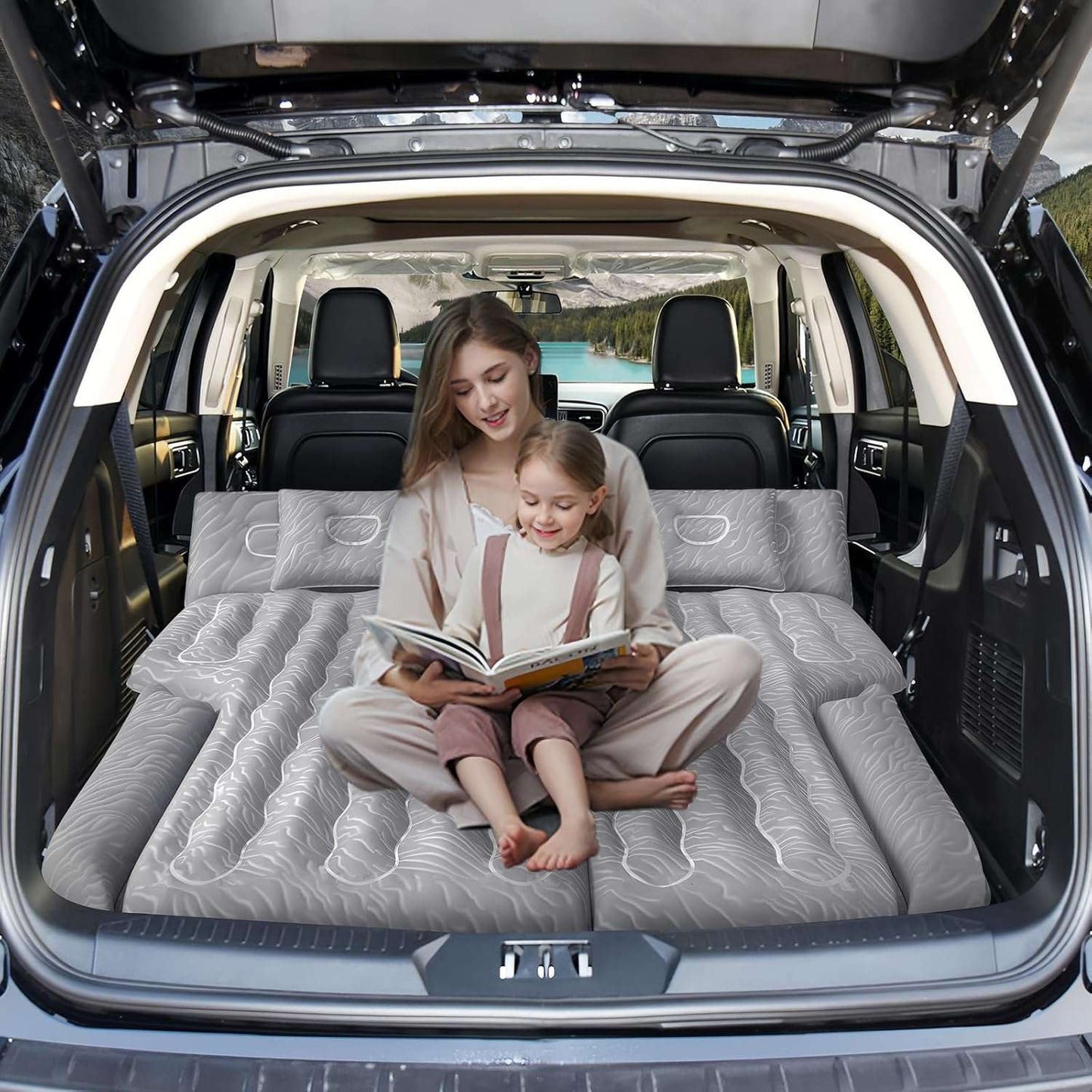 Dikasun Outdoor SUV Mattress 63in Grey with quick-inflate pump and 2 pillows in SUV cargo on Tampa Home & Garden Store