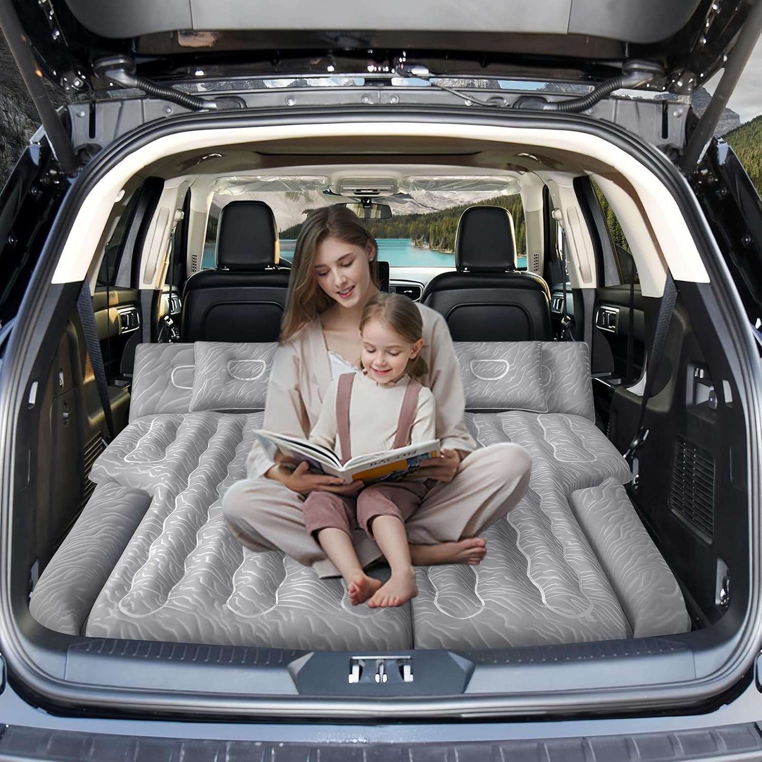 Dikasun Outdoor SUV Mattress 63in Grey with quick-inflate pump and 2 pillows in SUV cargo on Tampa Home & Garden Store