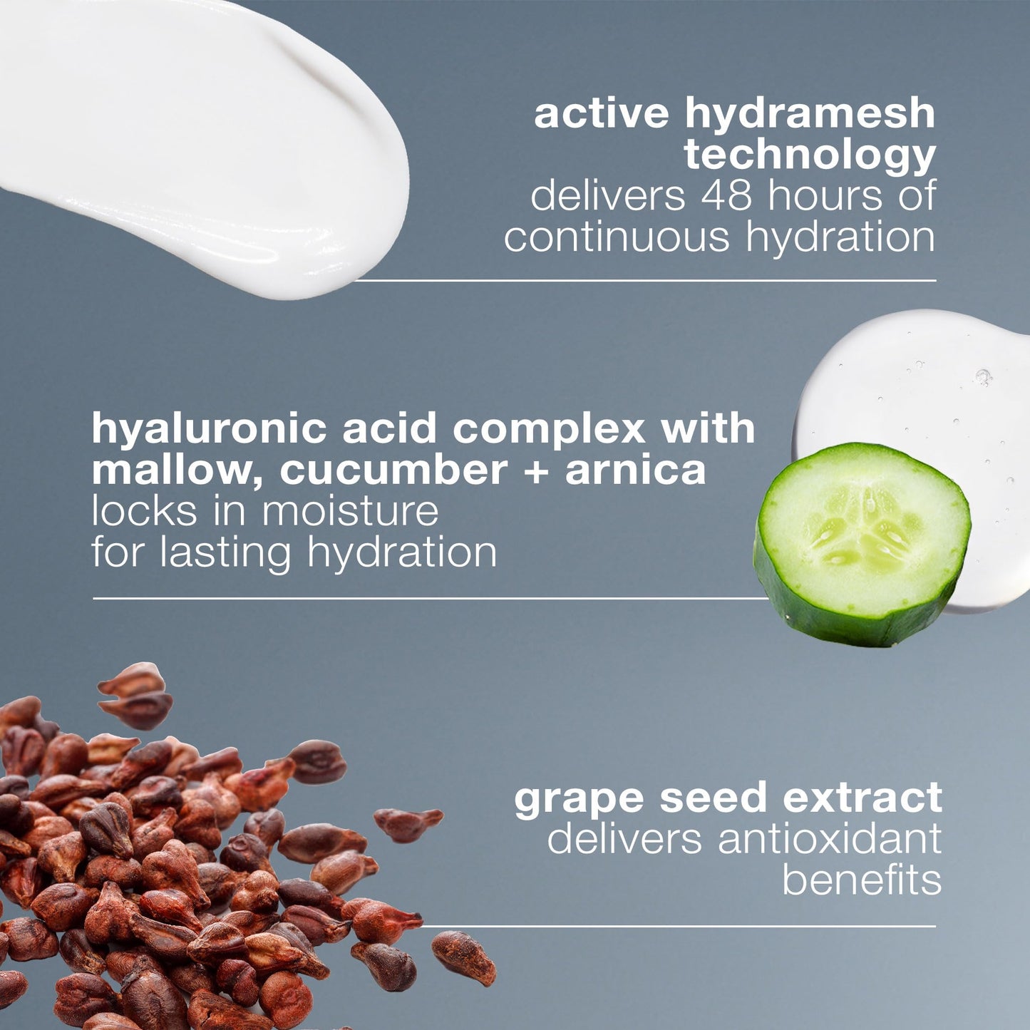 Skin Smoothing Cream face moisturizer with hyaluronic acid, white cream swatch and cucumber on Tampa Home & Garden Store