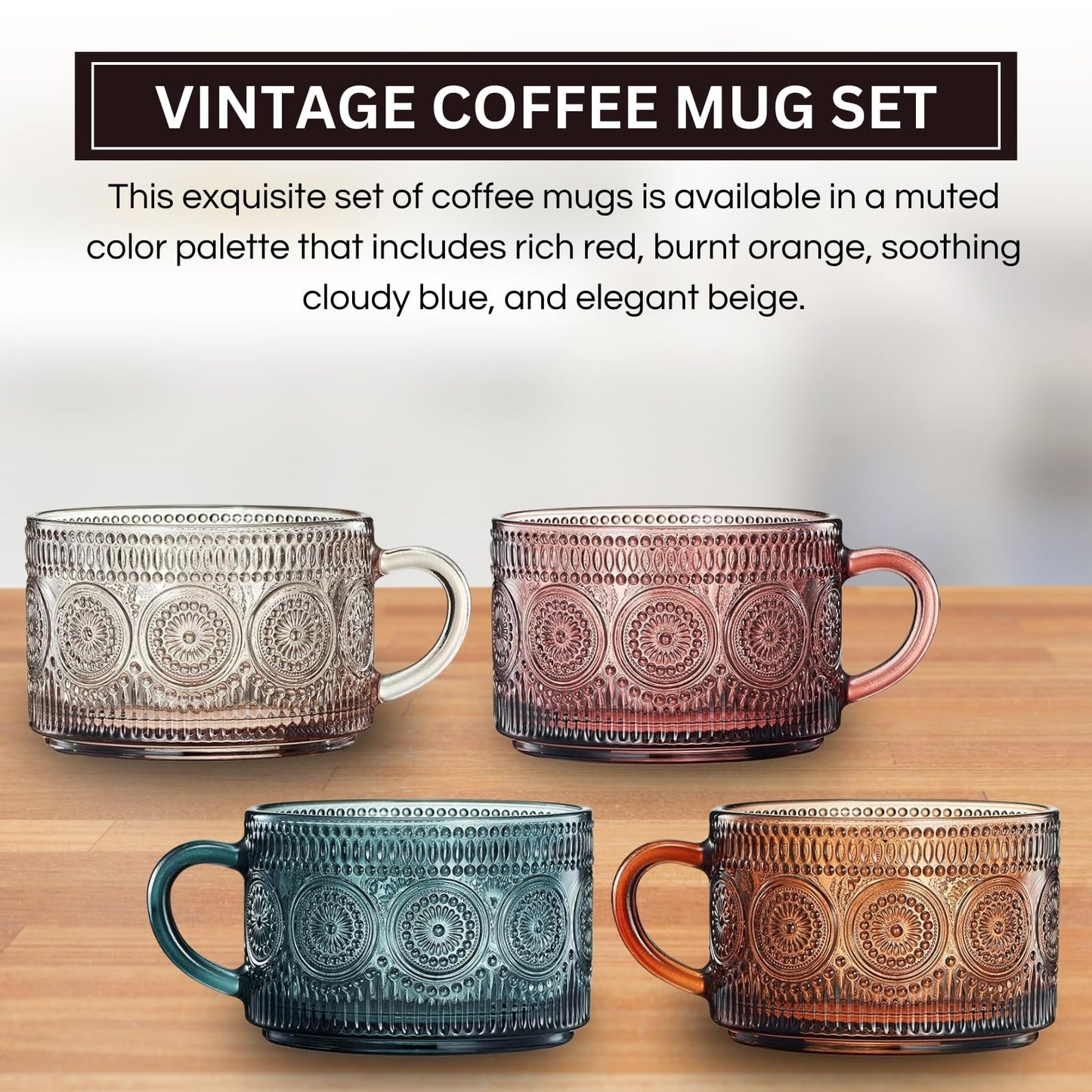 Tonal Hobnail Glass Mugs and Gold Spoons Set of 4