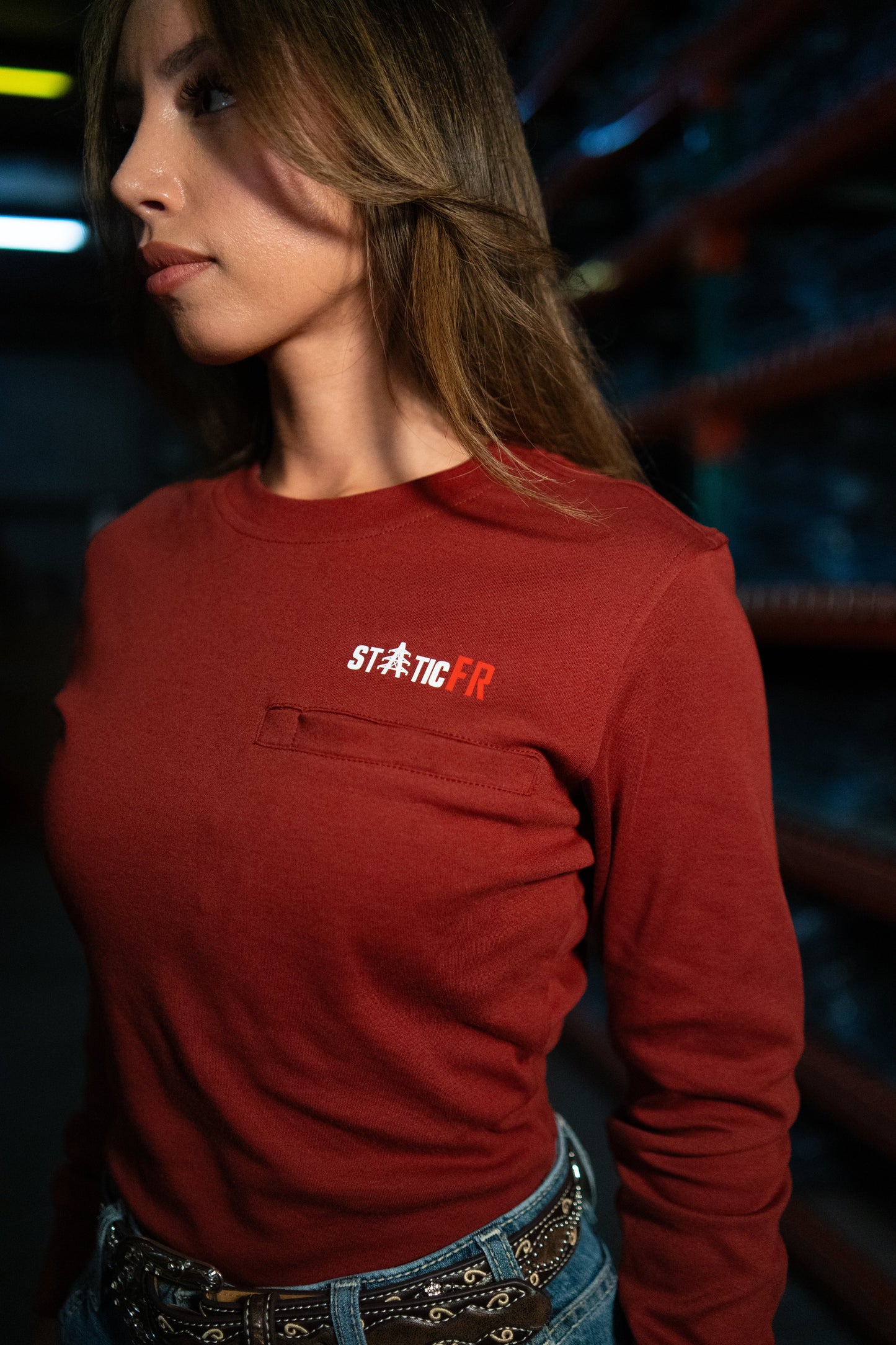 FR Women's Crew Neck wine red shirt by Static FR with chest logo; work safety protective gear on Tampa Home & Garden Store