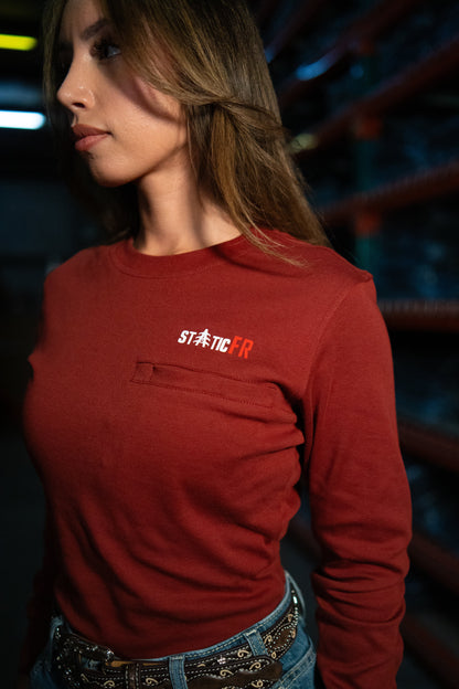 FR Women's Crew Neck wine red shirt by Static FR with chest logo; work safety protective gear on Tampa Home & Garden Store